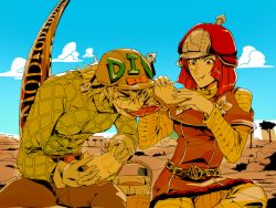 1boy 1girl argyle_clothes argyle_sweater diego_brando dinosaur_tail eating fangs food glasgow_smile gloves hat hot_pants_(sbr) jojo_no_kimyou_na_bouken michiru_(amphibian) picnic_basket red_hair sandwich scary_monsters_(stand) sliced_meat stand_(jojo) steel_ball_run surprised sweater tail yellow_eyes