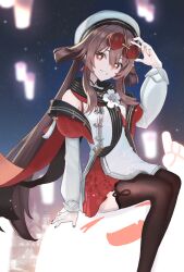 Rule 34 | 1girl, absurdres, brown scarf, brown thighhighs, chinese clothes, eyewear on head, flower-shaped pupils, genshin impact, hair rings, haro (har illust), hat, highres, holding, holding removed eyewear, hu tao (cherries snow-laden) (genshin impact), hu tao (genshin impact), looking at viewer, official alternate costume, red-tinted eyewear, red nails, round eyewear, scarf, sitting, smile, solo, sunglasses, symbol-shaped pupils, thighhighs, tinted eyewear, unworn eyewear, white hat, yellow-framed eyewear