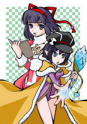 2girls :d black_eyes black_hair black_hat blunt_bangs book breasts brown_cape cape checkered_background commentary_request cowboy_shot dress fur-trimmed_cape fur_trim gold_trim green_background hair_ribbon hairband hat hat_ornament high_priest_(ragnarok_online) holding holding_book holding_staff looking_at_viewer medium_breasts medium_hair multiple_girls newsboy_cap open_mouth purple_dress purple_eyes ragnarok_online red_dress red_hairband red_ribbon ribbon sash short_dress short_hair skull_hat_ornament smile staff two-tone_dress white_background white_dress white_sash wizard_(ragnarok_online) yazawa_kazuki