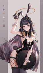 Rule 34 | 1girl, animal ears, arm up, bare shoulders, black bow, black bowtie, black gloves, black leotard, blunt bangs, blush, bow, bowtie, breasts, closed mouth, color guide, cowboy shot, detached collar, fake animal ears, fake tail, fcjfior, fishnets, gloves, gradient hair, half gloves, halo, highres, holding, holding tray, hololive, hololive english, leotard, long hair, looking at viewer, mole, mole under eye, multicolored hair, ninomae ina&#039;nis, playboy bunny, pointy ears, purple hair, rabbit ears, rabbit tail, sidelocks, signature, skindentation, small breasts, solo, strapless, strapless leotard, tail, thighhighs, tray, virtual youtuber, wrist cuffs
