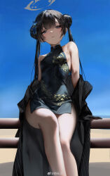 1girl absurdres bare_shoulders black_coat black_dress black_hair blue_archive breasts china_dress chinese_clothes coat double_bun dress hair_bun halo highres kisaki_(blue_archive) long_hair off_shoulder sishima sitting small_breasts solo twintails