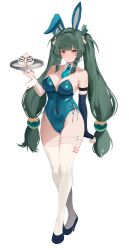 Rule 34 | 1girl, absurdres, animal ears, arm strap, bare shoulders, blush, breasts, closed mouth, collarbone, covered navel, detached collar, fake animal ears, full body, green eyes, green hair, green leotard, high heels, highleg, highleg leotard, highres, holding, large breasts, leotard, long hair, looking at viewer, necktie, playboy bunny, qingyi (zenless zone zero), rabbit ears, revision, simple background, solo, thighhighs, thighs, twintails, white background, white thighhighs, wrist cuffs, zenless zone zero, zerocat