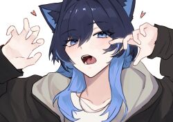 Rule 34 | 1girl, animal ears, black hair, black jacket, blue eyes, blue hair, cat ears, cat girl, fang, hands up, hashtag-only commentary, heart, hololive, hololive english, hunk 404, jacket, long hair, looking at viewer, multicolored hair, ouro kronii, solo, teeth, tongue, two-tone hair, virtual youtuber, white background