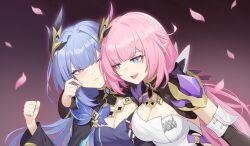 2girls absurdres blue_corset blue_eyes breasts cheek_pinching chinese_commentary cleavage clenched_hand commentary_request corset elf elysia_(honkai_impact) elysia_(miss_pink_elf)_(honkai_impact) falling_petals herrscher_of_corruption highres honkai_(series) honkai_impact_3rd large_breasts long_hair multiple_girls open_mouth orange_eyes petals pinching pointy_ears purple_background shrug_(clothing) varjunduskuu white_corset