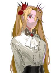 Rule 34 | 1girl, ascot, blonde hair, breasts, closed mouth, collared shirt, commentary, don quixote (project moon), english commentary, flower, frilled shirt, frills, gem, hair flower, hair ornament, highres, limbus company, long hair, long sleeves, looking at viewer, medium breasts, parted lips, project moon, red brooch, red eyes, red flower, rose, shirt, short twintails, simple background, slit pupils, smile, solo, thorns, twintails, white background, white shirt, yongsadragon
