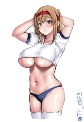 Rule 34 | 1girl, absurdres, alternate costume, blue buruma, blush, breasts, brown eyes, buruma, cowboy shot, gym shirt, gym uniform, hairband, highres, i-26 (kancolle), kantai collection, large breasts, light brown hair, long hair, looking at viewer, navel, shirt, short sleeves, simple background, smile, solo, tf cafe, thighhighs, twitter username, two side up, white background, white shirt, white thighhighs