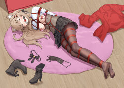 1girl absurdres animal_ear_fluff animal_ears arms_behind_back ball_gag bdsm black_boots black_bow black_bowtie black_pantyhose black_ribbon blindfold blonde_hair blush bondage boots bound bound_arms bound_legs bound_torso bow bowtie breast_bondage breasts breasts_out closed_eyes clothes_lift collared_shirt corset covered_erect_nipples crotch_rope dildo dildo_harness drooling egg_vibrator female_focus forced_orgasm gag gagged high_heel_boots high_heels highres indoors jacket long_hair lying nipple_stimulation nipples no_shoes object_insertion on_floor on_side original pantyhose pasties pleated_skirt red_eyes red_jacket remote_control_vibrator restrained ribbon saliva sex_toy shibari shibari_over_clothes shirt shirt_lift shoes skindentation skirt small_breasts soles solo t_zhonglang tape tape_on_nipples too_many too_many_sex_toys unworn_blindfold unworn_shoes vaginal vaginal_object_insertion variant_set very_long_hair vibrator vibrator_on_nipple white_shirt wiffle_gag