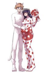1boy 1girl absurdres adrien_agreste animal_ears blonde_hair blue_hair bodysuit bouquet bow bowtie bridal_veil cat_ears chat_noir couple earrings flower green_eyes hair_flower hair_ornament highres jewelry keiori_(keiorix) ladybug_(character) marinette_dupain-cheng mask miraculous_ladybug pregnant ring see-through_clothes short_hair simple_background toy twintails veil wedding yo-yo