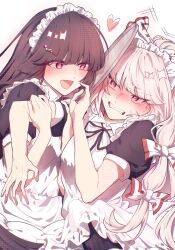2girls :d absurdres alternate_costume angry apron black_dress black_hair black_ribbon blunt_ends bow clenched_teeth dress enmaided fujiwara_no_mokou grabbing_another&#039;s_arm hair_bow hair_ornament heart highres holding holding_tray houraisan_kaguya long_hair maid maid_apron multiple_girls multiple_hair_bows neck_ribbon open_mouth puffy_short_sleeves puffy_sleeves red_eyes ribbon short_sleeves smile somei_ooo teeth touhou tray very_long_hair watermark white_apron white_background white_hair yuri
