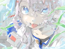 1girl backlighting bad_drawr_id bad_id blue_eyes bolt_(hardware) close-up closed_mouth collarbone colored_eyelashes dot_nose drawr dripping hair_behind_ear hair_between_eyes hair_ornament hair_over_shoulder hairclip jaggy_lines kwgt leaf looking_at_viewer mouth_hold no_pupils oekaki original portrait screw silver_hair solo tongue tongue_out wet wet_face wet_hair