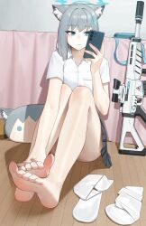 1girl animal_ears assault_rifle bare_legs barefoot blue_archive blue_eyes blue_halo cellphone closed_mouth commentary_request cross cross_hair_ornament expressionless eyelashes feet foot_focus full_body grey_hair gun hair_ornament halo hand_on_own_foot highres holding holding_phone inverted_cross jueun2817 knees_up korean_commentary legs looking_at_viewer miniskirt mismatched_pupils phone plaid_clothes plaid_skirt pleated_skirt rifle school_uniform shiroko_(blue_archive) shirt sig_sauer_556 sitting skirt smartphone socks soles solo toenails toes unworn_socks weapon white_shirt white_socks wolf_ears wooden_floor