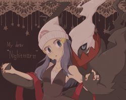 1boy 1girl artist_name bare_shoulders beanie black_shirt black_skin blue_eyes blue_hair blue_sclera breasts collarbone colored_sclera colored_skin crying darkrai dawn_(pokemon) empty_eyes eye_contact gen_4_pokemon hair_ornament hair_over_one_eye hairclip hands_up hat hetero holding_hands interlocked_fingers interspecies legendary_pokemon lemonade_kokoi long_hair looking_at_another mythical_pokemon nail_polish nintendo one_eye_covered open_mouth pokemon pokemon_(creature) pokemon_dppt red_nails red_scarf scarf shirt sidelocks signature sleeveless sleeveless_shirt small_breasts tears twitter_username white_eyes white_hair white_headwear wide-eyed
