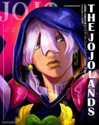 1boy blue_hoodie braid brown_lips character_name closed_mouth commentary earrings english_commentary english_text green_eyes hair_between_eyes hair_ornament hannrum highres hood hood_up hoodie jewelry jodio_joestar jojo_no_kimyou_na_bouken long_bangs looking_to_the_side male_focus portrait side_braid solo star_(symbol) star_hair_ornament the_jojolands white_hair wing_ornament