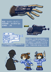 .38_special 1boy 1girl ammunition ammunition_focus ammunition_name asymmetrical_gloves brown_eyes brown_hair bullet chart cross-section diagram engineering_drawing english_text erica_(naze1940) glove_gun gloves gun handgun_cartridge helmet information_sheet japanese_text military mixed-language_text original revolver_cartridge schematic sedgley_company sedgley_oss_.38 sidearm smile smith_&amp;_wesson subsonic_ammunition text_focus translation_request weapon weapon_focus weapon_name weapon_profile weird_guns_of_the_world world_war_ii wrist_gun x-ray