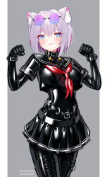 1girl absurdres animal_ear_fluff animal_ears blue_eyes bodysuit boots breasts cat_girl collar crop_top eyewear_on_head glasses highres impossible_bodysuit impossible_clothes latex latex_bodysuit latex_skirt long_hair looking_at_viewer maguro27 medium_breasts neckerchief original paw_pose pink_hair pleated_skirt red_neckerchief sailor_collar skin_tight skirt solo standing thigh_boots