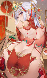 Rule 34 | 1girl, absurdres, ass, ass focus, back, bare shoulders, bent over, blush, breasts, butt crack, c-string, calligraphy brush, character request, circlet, commentary request, cup, dahe zhuang (yishi fanhua), from behind, grey hair, hair bun, hair rings, highres, indoors, long hair, looking back, paintbrush, petals, purple eyes, revealing clothes, see-through clothes, sideboob, single hair bun, small breasts, snowbreak: containment zone, solo, sparkle, strapless bottom, tassel