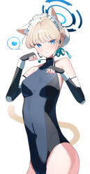 1girl absurdres animal_ears aqua_ribbon black_gloves black_sleeves blonde_hair blue_archive blue_eyes blur breasts bun_cover cat_ears cat_tail commentary detached_sleeves fingerless_gloves frilled_hairband frills gloves hair_bun hair_ribbon hairband halo highres kemonomimi_mode leotard multicolored_halo ribbon small_breasts sukasusu_51te tail toki_(blue_archive)