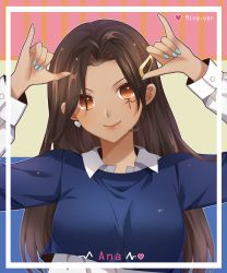 1girl aged_down alternate_costume ana_(overwatch) blue_nails blue_shirt breasts brown_eyes brown_hair brown_lips captain_amari character_name closed_mouth collared_shirt dark-skinned_female dark_skin double_m/ earrings female_focus fingernails hair_ornament hairclip hands_up heart heart_earrings highres jewelry kaoruru_(sakuno2911) lipstick long_fingernails long_hair long_sleeves looking_at_viewer m/ makeup nail_polish overwatch overwatch_1 parted_bangs shirt smile solo twice_(group) upper_body white_shirt wing_collar