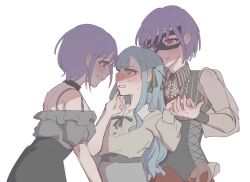 3girls amoris_(bang_dream!) bang_dream! bang_dream!_it&#039;s_mygo!!!!! black_choker black_shirt black_skirt blue_hair blush choker commentary_request dual_persona girl_sandwich green_ribbon grey_shirt grey_skirt hair_ribbon holding_hands hui_0w0 jewelry long_hair long_sleeves multiple_girls necklace off-shoulder_shirt off_shoulder parted_lips pink_eyes purple_hair ribbon sandwiched see-through_clothes see-through_sleeves shirt short_hair simple_background skirt togawa_sakiko two_side_up white_background yellow_eyes yuri yuutenji_nyamu