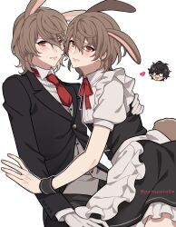3boys akechi_gorou amamiya_ren animal_ears apron black_hair black_jacket brown_hair cowboy_shot crossdressing dual_persona glasses heart highres jacket looking_at_viewer maid maid_apron male_focus multiple_boys persona persona_5 rabbit_ears short_hair simple_background white_background zozakura