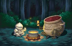 1boy animated animated_gif armor boiling bottle breastplate bubble bush campfire cauldron chinese_commentary commentary_request company_connection covered_face crossover dark_souls_(series) elden_ring falling_leaves forest full_armor full_body gauntlets glowing goldendogaki grass greaves hand_on_own_leg helm helmet holding holding_bottle iron_fist_alexander knee_up leaf looping_animation nature night on_grass outdoors pixel_art siegmeyer_of_catarina sitting sparkle tree