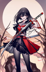 1girl :d akame_ga_kill! artist_name black_hair black_pantyhose black_shirt black_skirt feet_out_of_frame grey_eyes highres holding holding_sword holding_weapon katana kurome_(akame_ga_kill!) open_mouth pantyhose sheya shirt signature skirt smile solo standing sword weapon
