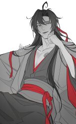 1boy ahoge bishounen black_hair black_hanfu chest_tattoo chinese_clothes coat collarbone grey_coat greyscale hair_between_eyes hair_down hair_ribbon half_updo hand_on_own_face hanfu highres long_hair long_sleeves looking_at_viewer male_focus modao_zushi monochrome official_alternate_costume official_alternate_hairstyle open_clothes open_mouth open_robe parted_lips pectoral_cleavage pectorals red_eyes red_ribbon red_sash ribbon robe sash signature simple_background sitting smile solo spot_color tattoo tsubame-shi_(tubame) twitter_username wei_wuxian wei_wuxian_(yiling_laozu) white_background wide_sleeves