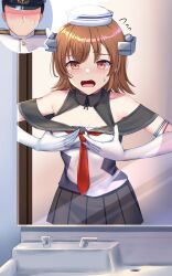 Rule 34 | 1girl, admiral (kancolle), bathroom, black sailor collar, black skirt, body switch, breasts, brown eyes, brown hair, cowboy shot, dixie cup hat, elbow gloves, flipped hair, gloves, grabbing own breast, hat, headgear, highres, kantai collection, looking at mirror, looking at viewer, medium breasts, military hat, mirror, neckerchief, nuppunuppu, off-shoulder shirt, off shoulder, open mouth, personality switch, pov, red neckerchief, richard p. leary (kancolle), sailor collar, shirt, short hair, sink, skirt, solo, white gloves, white hat