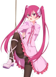 1girl absurdres akame_ga_kill! arms_behind_back bdsm black_pantyhose blush bondage bound bound_wrists breasts capelet center_frills chinese_commentary commentary embarrassed fine_fabric_emphasis flying_sweatdrops foot_out_of_frame frilled_skirt frills gluteal_fold hair_ribbon highres knee_up leg_ribbon long_hair long_sleeves looking_at_viewer meitoku mine_(akame_ga_kill!) neck_ribbon nose_blush open_mouth panties panties_under_pantyhose pantyhose pink_capelet pink_eyes pink_hair pink_ribbon pink_shirt pink_shoes plaid_clothes plaid_skirt ribbon rope shibari shirt shoes simple_background skirt small_breasts solo straight_hair sweatdrop tearing_up tears thighband_pantyhose thighs trembling tsurime twintails underwear v-shaped_eyebrows very_long_hair white_background white_panties