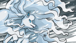 Rule 34 | alolan form, alolan ninetales, commentary, english commentary, gen 7 pokemon, harlequinwaffles, highres, ice, leg up, looking at viewer, nintendo, no humans, open mouth, pokemon, pokemon (creature), pokemon focus, signature, snowing, solo, sparkle, standing, upper body, wind, winter