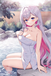 1girl bare_arms bare_shoulders blue_eyes blush breasts bush cleavage closed_mouth collarbone copyright_request day grey_hair hair_between_eyes half-closed_eyes hand_up long_hair looking_at_viewer mauve medium_breasts multicolored_hair naked_towel outdoors pink_hair ripples sitting smile soaking_feet solo towel two-tone_hair very_long_hair water