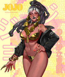 1girl bikini black_lips bracelet character_name commentary copyright_name dark-skinned_female dark_skin genderswap genderswap_(mtf) gold_bikini gold_bracelet jewelry jojo_no_kimyou_na_bouken long_hair mohammed_avdol red_eyes ring solo stardust_crusaders swimsuit veela