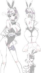 ... 1girl animal_ears armpits arms_under_breasts arms_up ass black_bow black_bowtie black_leotard bow bowtie breasts cleavage detached_collar dolla_(nikke) earrings fake_animal_ears fake_tail goddess_of_victory:_nikke highres jewelry large_breasts leotard long_hair looking_at_viewer miumiumi_99 multiple_views ponytail purple_eyes purple_hair rabbit_ears rabbit_tail simple_background sketch spoken_ellipsis strapless strapless_leotard tail white_background
