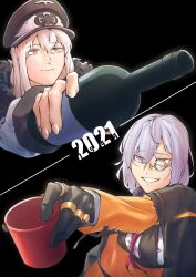 Rule 34 | 1944, 2021, 2girls, absurdres, black background, black cloak, black coat, black gloves, black vest, blonde hair, bottle, breasts, cloak, closed mouth, coat, cup, dated, emile aoi, fur-trimmed coat, fur trim, girls&#039; frontline, gloves, hair between eyes, hat, highres, holding, holding bottle, holding cup, jacket, jewelry, kar98k (girls&#039; frontline), long hair, looking at viewer, medium hair, military hat, monocle, multiple girls, necktie, open mouth, orange jacket, peaked cap, purple hair, red eyes, red necktie, ring, shirt, simple background, smile, thompson (girls&#039; frontline), upper body, vest, white shirt