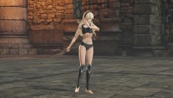 1girl 3d armor armpits bare_shoulders barefoot bra breasts broken_armor building cleavage collarbone female_corrin_(fire_emblem) feet female_focus fighting_pose fingernails fire_emblem fire_emblem_fates fire_emblem_warriors hair_ornament hairband holding holding_sword holding_weapon legs long_hair medium_breasts midriff multicolored_underwear navel neck nintendo official_alternate_costume official_underwear outdoors pale_skin panties pointy_ears red_eyes serious silver_hair solo standing sword thighs tiptoes toenails toes underwear underwear_only weapon