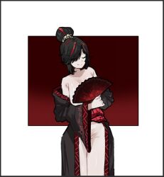 1girl black_hair black_hanfu breasts catnip_scent chinese_clothes cleavage closed_mouth coat commentary commentary_request eyes_visible_through_hair hair_bun hair_over_one_eye hand_fan hanfu heart high_ponytail holding holding_fan korean_commentary limbus_company long_hair long_sleeves looking_at_viewer mole mole_on_breast multicolored_hair naked_coat one_eye_closed ponytail project_moon red_background red_eyes red_hair sash simple_background single_hair_bun smile solo streaked_hair symbol-only_commentary topknot white_background wide_sleeves xiao_guan_(headdress) zhijupao zigong_(project_moon)