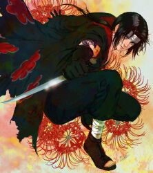 Rule 34 | 1boy, aqua jacket, bandaged ankle, black gloves, black hair, boots, brown boots, closed mouth, dagger, dougi, fighting stance, floating clothes, floating hair, floral background, floral print, flower, full body, gloves, haori, holding, holding dagger, holding knife, holding weapon, jacket, japanese clothes, karate gi, knife, lips, long hair, looking at viewer, low ponytail, luke uehara, male focus, naruto (classic), naruto (series), ninja, open-toe boots, orange background, ponytail, red eyes, red flower, solo, spider lily, squatting, toenails, toes, torn clothes, torn jacket, uchiha itachi, weapon