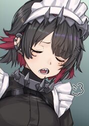 Rule 34 | 1girl, closed eyes, colored inner hair, commentary request, ellen joe, gradient background, grey background, hair ornament, haishima xv, highres, maid, maid headdress, multicolored hair, open mouth, red hair, sharp teeth, short hair, solo, teeth, two-tone hair, upper body, x hair ornament, zenless zone zero