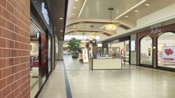 ceiling_light display english_text highres indoors kiosk lamp mall mannequin no_humans non-web_source official_art open_clothes our_life:_beginnings_and_always poster_(object) reflective_floor scenery sign tile_floor tiles variant_set