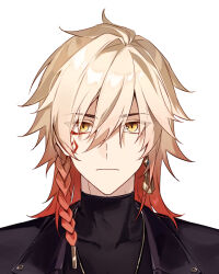 Rule 34 | 1boy, alternate costume, black jacket, blonde hair, braid, chinese commentary, commentary request, earrings, facial tattoo, gold earrings, gold necklace, gradient hair, hair between eyes, honkai: star rail, honkai (series), jacket, jewelry, looking at viewer, male focus, medium hair, migan, multicolored hair, mydei (honkai: star rail), necklace, portrait, red hair, red tattoo, side braid, simple background, solo, tattoo, turtleneck, white background, yellow eyes
