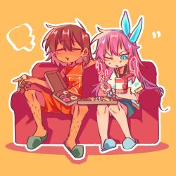 Rule 34 | 1boy, 1girl, blue eyes, blue hairband, blue skirt, brown hair, closed eyes, couch, crop top, dark-skinned male, dark skin, denim, denim skirt, donut, food, fork, hairband, holding, holding fork, huasuan69416, jacket, kel (faraway) (omori), kel (omori), omori, one eye closed, orange background, orange shorts, parted lips, pastry box, pink hair, pizza, pizza box, short-sleeved jacket, short hair, short sleeves, shorts, simple background, sitting, skirt, slippers, sunny (omori), white jacket