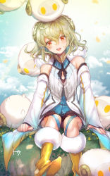 1boy ahoge boots braid cloud detached_sleeves dress fate/grand_order fate_(series) flower grass highres male_focus orange_eyes paris_(fate) petals sheep sitting smile solo trap wool