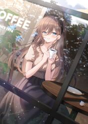 Rule 34 | 1girl, blue eyes, blush, breasts, brown hair, chair, coffee, coffee mug, collarbone, commission, cup, dress, earrings, from outside, hair between eyes, hairband, highres, holding, holding cup, jewelry, long hair, looking at viewer, medium breasts, mug, muntins, myusha, open mouth, original, plant, potted plant, short sleeves, sitting, skeb commission, smile, solo, table, teeth, window