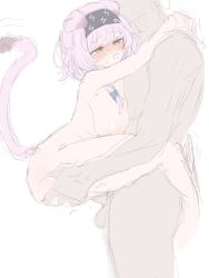 Rule 34 | 1boy, 1girl, amayotw, anger vein, animal ears, arknights, armpits, arms around neck, black headband, blue bow, blush, bow, braid, breasts, cat ears, cat girl, cat tail, completely nude, goldenglow (arknights), hair bow, happy, happy sex, headband, hetero, highres, hug, large areolae, large breasts, leg lock, lightning bolt symbol, medium hair, messy hair, nipples, nude, open mouth, penis, pink hair, sex, shiny skin, simple background, sketch, smile, standing, standing sex, sweat, tail, tail raised, testicles, white background, yellow eyes