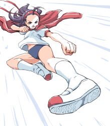 1girl action ahoge black_hair buruma capcom forehead groin_tendon hairband highres iinchou_(justice_gakuen) ikaringo_(ikaringo4444) jacket jacket_on_shoulders justice_gakuen kicking legs long_hair moero!_justice_gakuen navel thighs track_suit