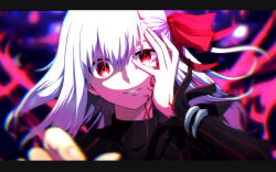 Rule 34 | 1girl, black dress, colorful background, commentary request, corruption, crazy smile, dark sakura, dress, fate/stay night, fate (series), hair ribbon, half-closed eye, hand on own face, heaven&#039;s feel, letterboxed, long hair, looking at viewer, matou sakura, red eyes, red ribbon, ribbon, smile, solo, tamayan (tmyaaa tk), white hair, wide-eyed