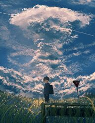 banakotakemaru bob_cut cloud cloudy_sky cumulonimbus_cloud cumulonimbus_incus facing_away film_grain flower gender_request gradient_sky halo highres holding holding_flower neckerchief original outdoors red_neckerchief scenery school_uniform serafuku shooting_star sky skyline star_(sky) sunrise sunset utility_pole wading whale white_halo wide_shot