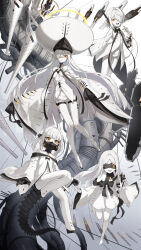 4girls absurdres bare_legs bare_shoulders barefoot blindfold blue_archive blunt_bangs closed_mouth colored_skin decagrammaton_(blue_archive) dress ein_(blue_archive) hair_over_one_eye highres kokukyukeo long_hair low_twintails malkuth_(blue_archive) mask mecha mouth_mask multiple_girls no_feet ohr_(blue_archive) open_mouth robot short_hair sof_(blue_archive) symbol-shaped_pupils twintails white_dress white_skin wide_brim x-shaped_pupils yellow_eyes