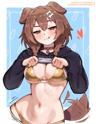1girl :3 :q animal_ears artist_name bikini bikini_under_clothes black_hoodie blue_background bone_hair_ornament breasts brown_eyes brown_hair cartoon_bone cleavage collar commentary crop_top cropped_hoodie dog_ears dog_girl dog_tail english_commentary gold_bikini hair_between_eyes hair_ornament highres hololive hood hoodie inugami_korone large_breasts lifting_own_clothes long_hair looking_at_viewer red_collar simple_background solo sports_bra stomach swimsuit tail tail_wagging tongue tongue_out virtual_youtuber wersman white_sports_bra