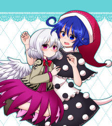 2girls black_dress blue_eyes blue_hair blush bow bowtie braid capelet doremy_sweet dress french_braid hat height_difference jacket kishin_sagume long_sleeves multiple_girls nightcap purple_dress purple_eyes shiohachi single_wing tail tapir_tail touhou white_dress white_hair wings yuri